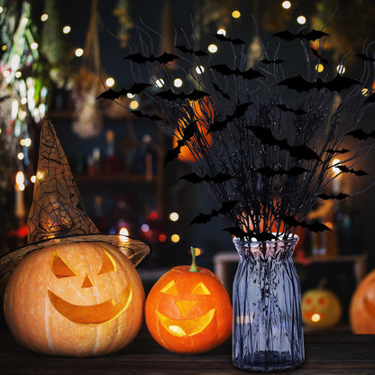 Zeyune 20 Pcs Halloween Black Artificial Branches Floral Picks Vase Filler 17.72 Inch Artificial Curly Willow and 3D Bats Wall Decals Sticker Decor Tree Glittery Flowers for Gothic Home