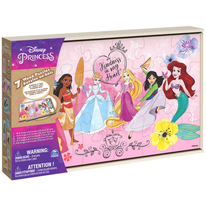 Spin Master Games, Disney Princess Puzzles, 7-Pack, Jigsaw Kids Puzzles, 12, 16, & 24 Pieces, Featuring Ariel, Tiana, Rapunzel, Pocahontas, Storage Tray, for Ages 4 & Up