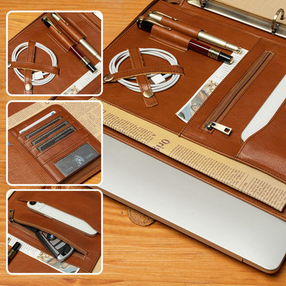 YIWEN Handmade Leather Portfolio with Handle, 3 Ring Binder, Zippered Padfolio for 13" Tablet, 8.5 x 11 Notepad, Professional Business Document Organizer (Brown, Oil Wax Leather)