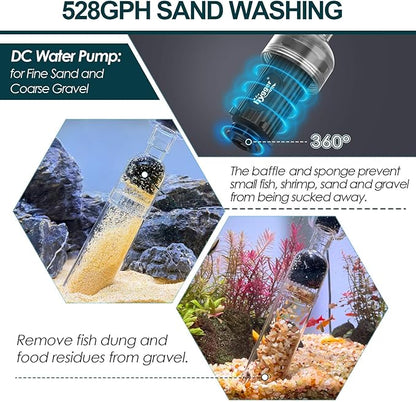 hygger Electric Aquarium Gravel Cleaner, 528GPH Fish Tank Vacuum, 5-in-1 Automatic Sand Washer Water Changer Cleaning Kit for Freshwater Saltwater, Adjustable Length Handle Tube,Hose, Clamp