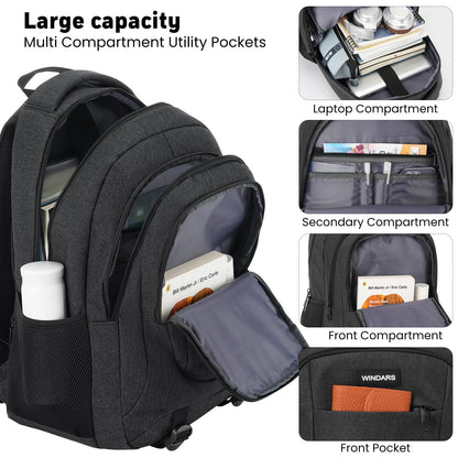 WINDARS Backpack for Men and Women, School Backpacks for Teens Boys, 15.6 Inch Large College Bookbag Durable Computer Laptop Bag with USB Charger Port for Business Work Travel, Black