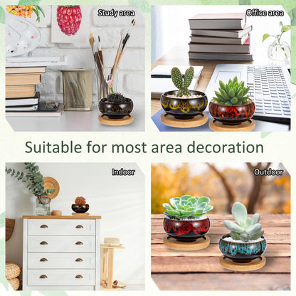 mekueeex 12 Pcs Ceramic Succulent Garden Pots Succulent Small Plant Cactus Planter Ceramic Pot with Drainage Hole and Bamboo Tray Matte Round Container (2.5 Inch)