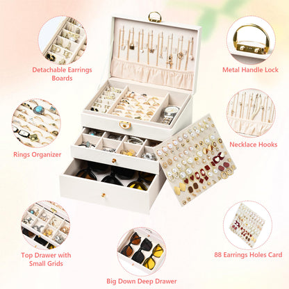 GALHUBIS Jewelry Box, 3 Layers Leather Jewelry Storage Display Box for Women, Gift Case, 2 Drawers, Large Capacity for Necklace Earrings Bracelets Rings, White