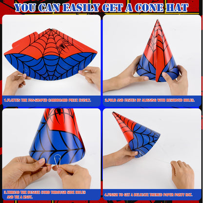 GKXMAXIWANG 24 Pcs Spider Theme Birthday Party Hats Decorations Spider Web Cone Hat Classroom Celebration Party Supplies Shower Photo Prop & Colorful Paper Party