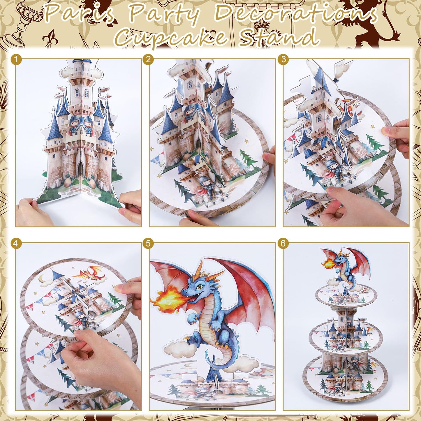 Keluna Medieval Dragon Party Decorations - 3 Tier Cupcake Stand Dragon Birthday Party Decorations Dessert Stands Holders
