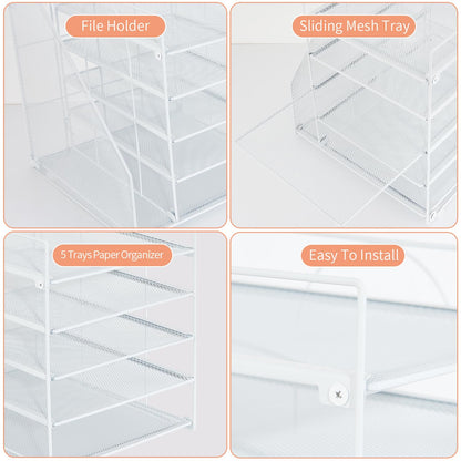 LEKETREE Desk Organizers and Accessories, 5-Tier Paper Letter Tray Organizer with File Holder, Desktop Organizer for Office Supplies (White)
