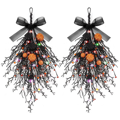 2 PCS Halloween Wreaths Halloween Floral Teardrop Swags Hanging Swag Plants Black Garland with Pumpkin Berries and 9.8ft Lights for Indoor Outdoor Party Wall Home Room Fireplace Porch Window Decor