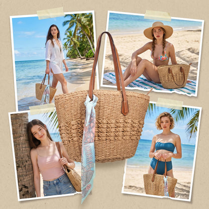 Aodse Beach Bags for Women, Summer Straw Beach Bag with Zipper Pocket, Durable Straw Tote Bag Shoulder Handbags for Beach, Travel, Vacation, Shopping （Khaki）