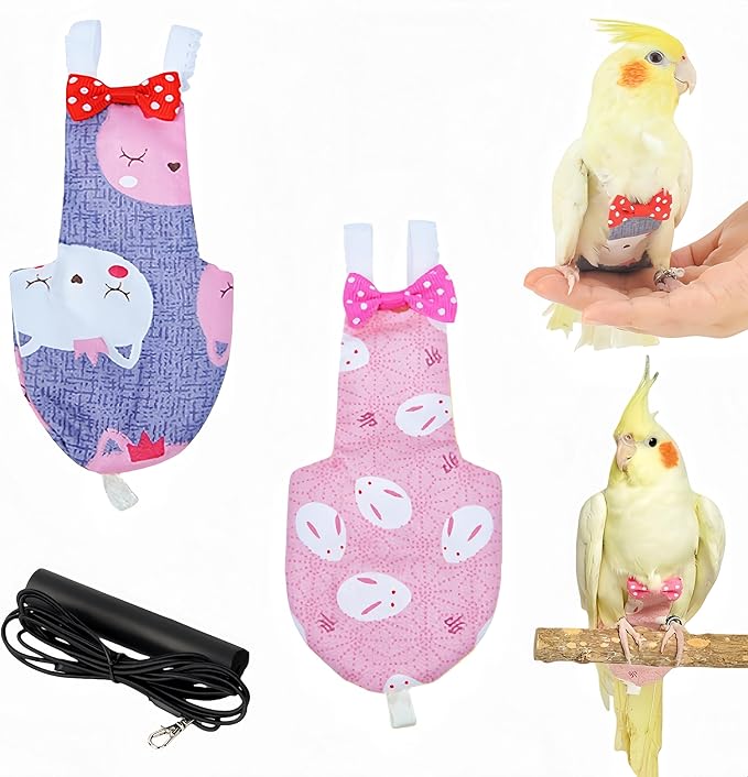 2Pcs Bird Diapers Bird Harness Flight Suits Diapers with 80 Inch Flying Leash Parrot Nappy Washable Cute Urine Wet Suit for Cockatiel Conure Macaw Budgies Parakeet-Rabbit&Kitten,S