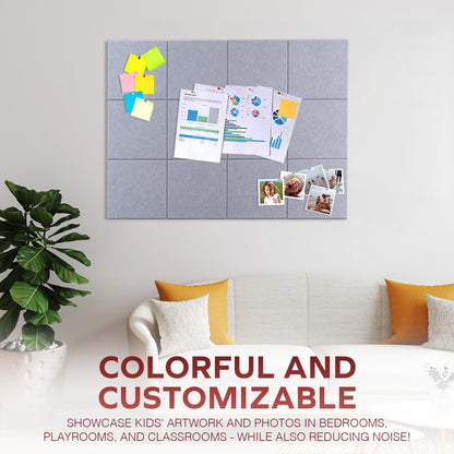 Bulletin Board 40x30in, 12 Count 9.8 x 9.8in Felt Wall Tiles with Removable Adhesive Tape, Cork Board Alternative for Walls, Wall Decor, Kids Art Display, Kids Room (Classic Gray Collection)