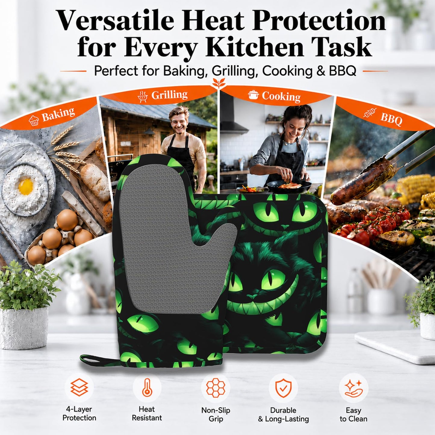 Halloween Ghost Face Heat-Resistant Oven Mitts and Pot Holder Smile Face Kitchen Non-Slip Silicone Cooking Microwave Gloves for BBQ Baking Grilling