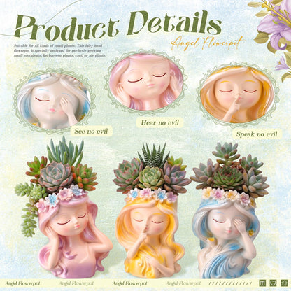 Teecyhooo 3 Pcs Miniature Fairy Head Succulent Plant Pot Set, 4 Inch Angel Face Flower Pots, Indoor Cactus Pots, Cute Vase Decorations for Garden Home Decor Plant Lovers Gift