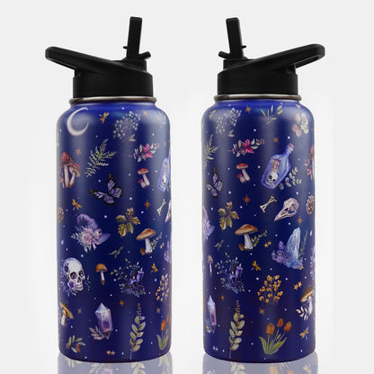 Insulated Goth Water Bottle 32 oz, Goth Gifts for Women, Halloween Gothic Water Bottle with Straw and Lid, Reusable Leakproof Tumbler Stainless Steel