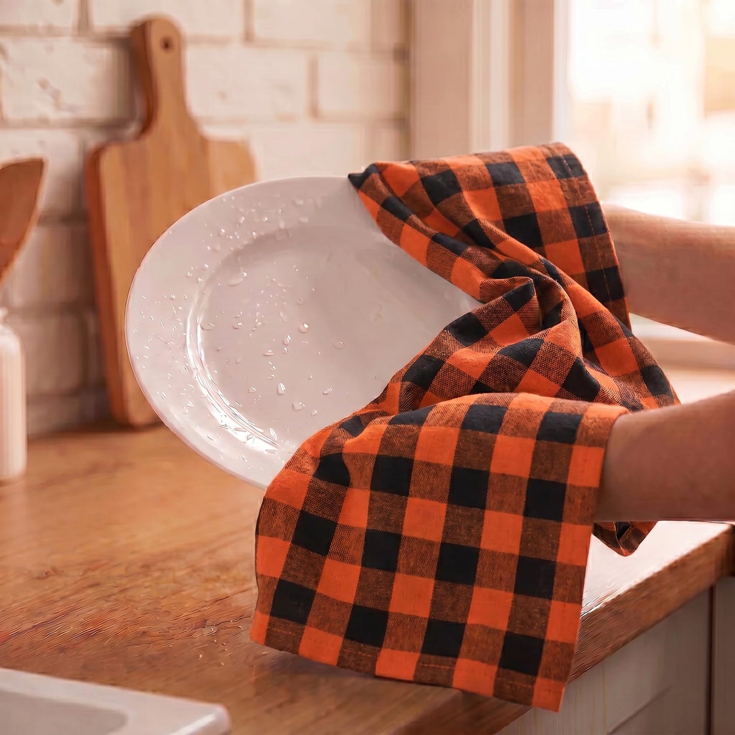 Urban Villa Halloween Kitchen Towels Set of 6 Dish Towels Size 20''x30'' Buffalo Checks Orange/Black 100% Cotton Highly Absorbent Quick Drying Dish Cloths & Dish Towels with Hanging Loop Tea Towels