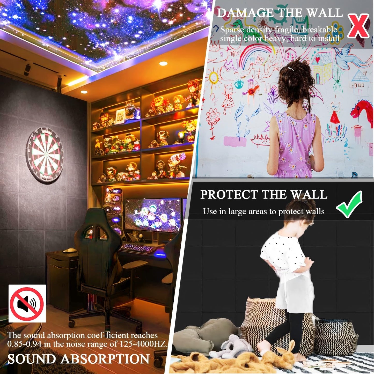 Leallace Cork Board for Walls 36" x 24", Black Bulletin Boards, 6 Pack Felt Cork Tiles with Removable Adhesive & 30 Pushpins, Cork Boards for Office, Home, Classroom, Kids Room
