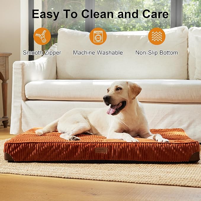 FUKUMARU Dog Bed, Thickened Corduroy Orthopedic Dog Beds with Washable Cover, XL Waterproof Dogs Bed for Crate, 28D Egg Crate Foam Support Pet Mat, Cozy Pet Bed Pad with Anti-Slip Bottom, Orange