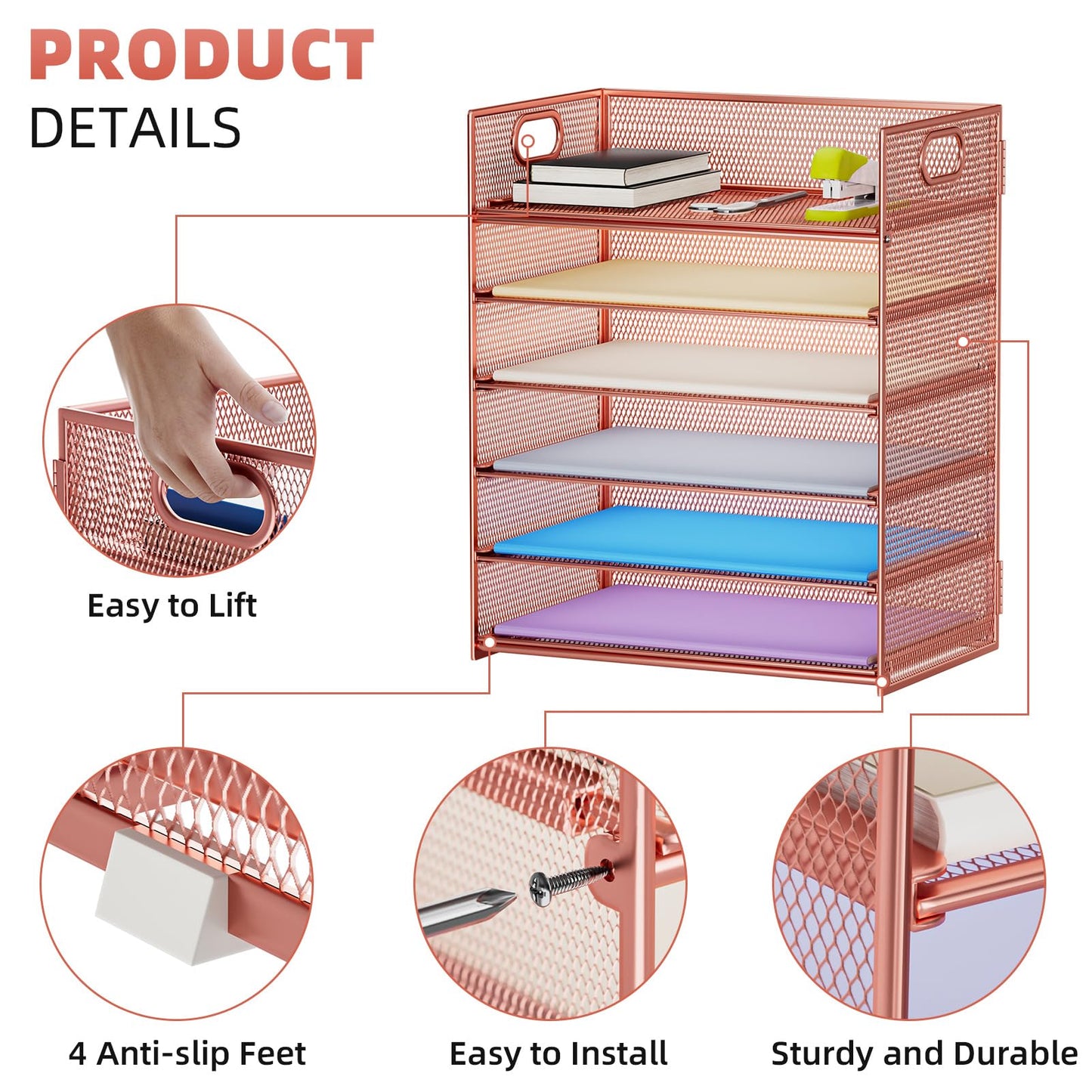 Marbrasse 6 Tier Paper Organizer Letter Tray - Mesh Desk File Organizer with Handle, Paper Sorter Organizer for Letter/A4 Office File Folder Holder - Rose Gold