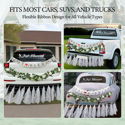4PCS Just Married Wedding Car Decorations Kit with Greenery Vine Removable Banner Paper Tassel Static Cling Window Sticker for Bride and Groom Honeymoon Getaway Send Off Vehicle Decor
