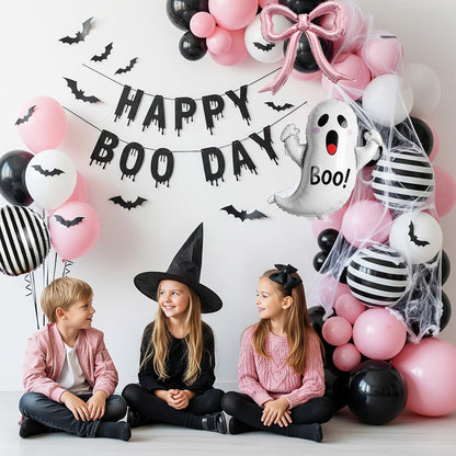 Spooky Halloween Balloon Garland Arch Kit Pink Black Balloons with 3D Bat Ghost Foil Balloons Spider Web for Girls Halloween Birthday Baby Shower BOO Day Party Decorations