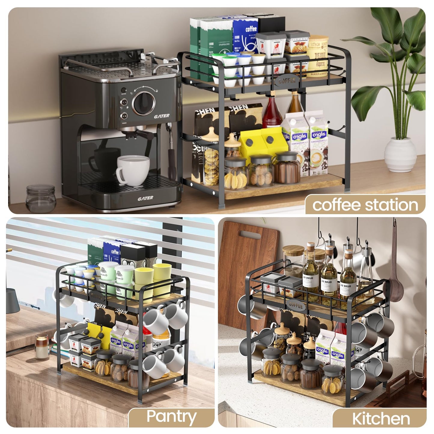 Vivise Coffee Bar Organizer Coffee Cup Holder 2 Tier Mug Stand Rack for Countertop Kitchen Storage with 14 Hooks
