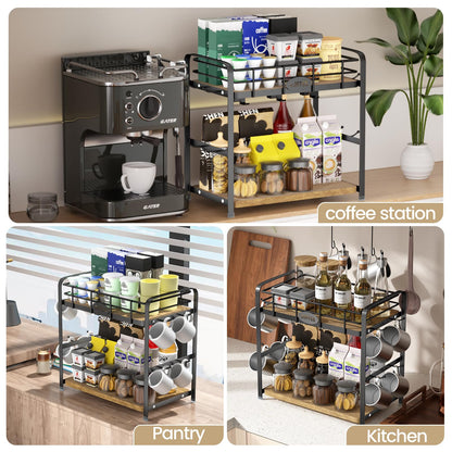 Vivise Coffee Bar Organizer Coffee Cup Holder 2 Tier Mug Stand Rack for Countertop Kitchen Storage with 14 Hooks