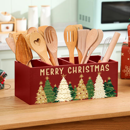 Meanplan Christmas Utensil Holder Christmas Kitchen Decor Extra Large Kitchen Utensils Holder with 4 Compartments for Xmas Farmhouse Indoor Decoration