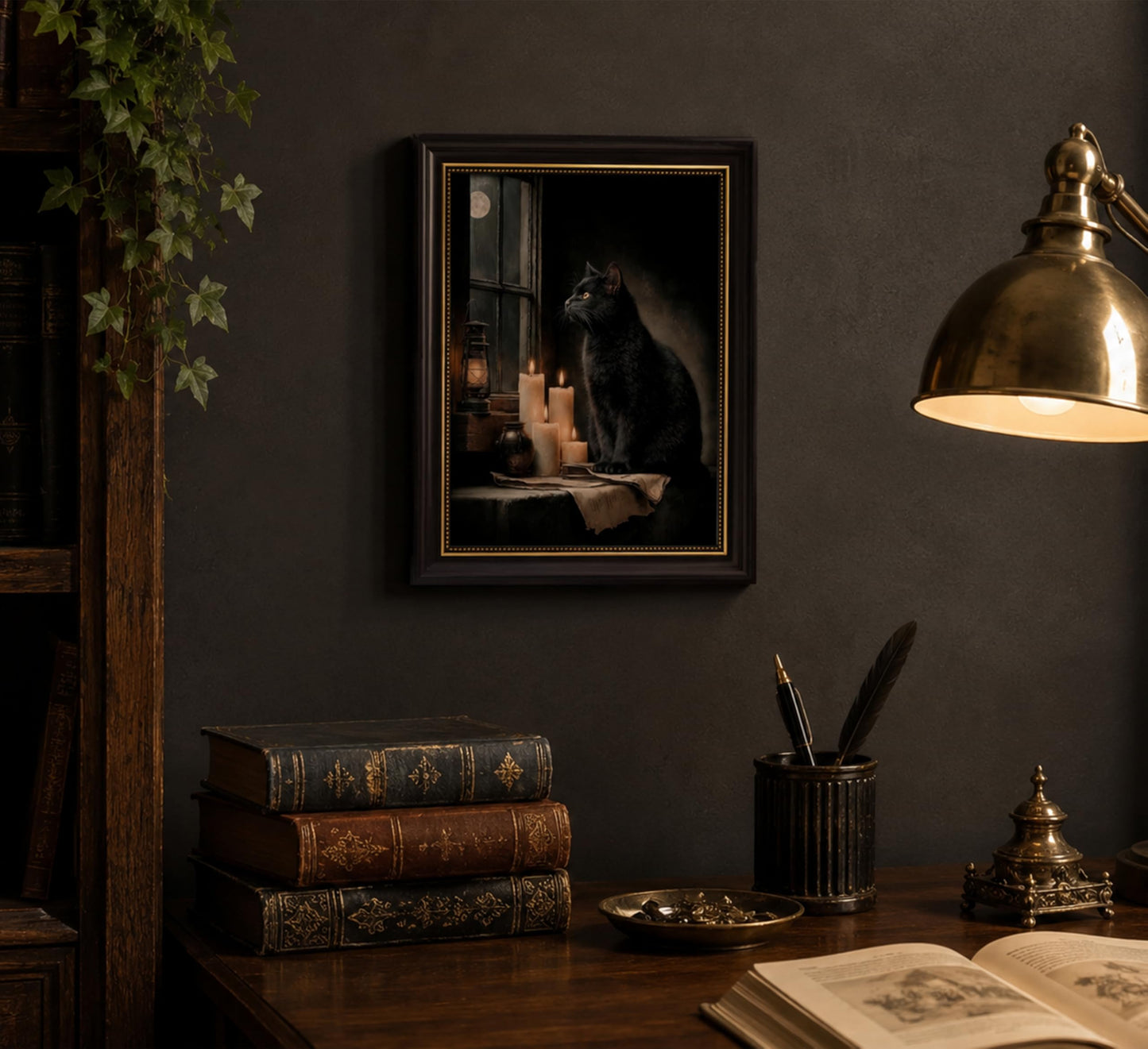 TravelReady Dark Brown Framed Canvas Wall Art Black Cat and Candle Damage-Free Hook and Loop Gothic Elegance Dark Academia Picture Decor for Bedroom Living Room, 9x11 in