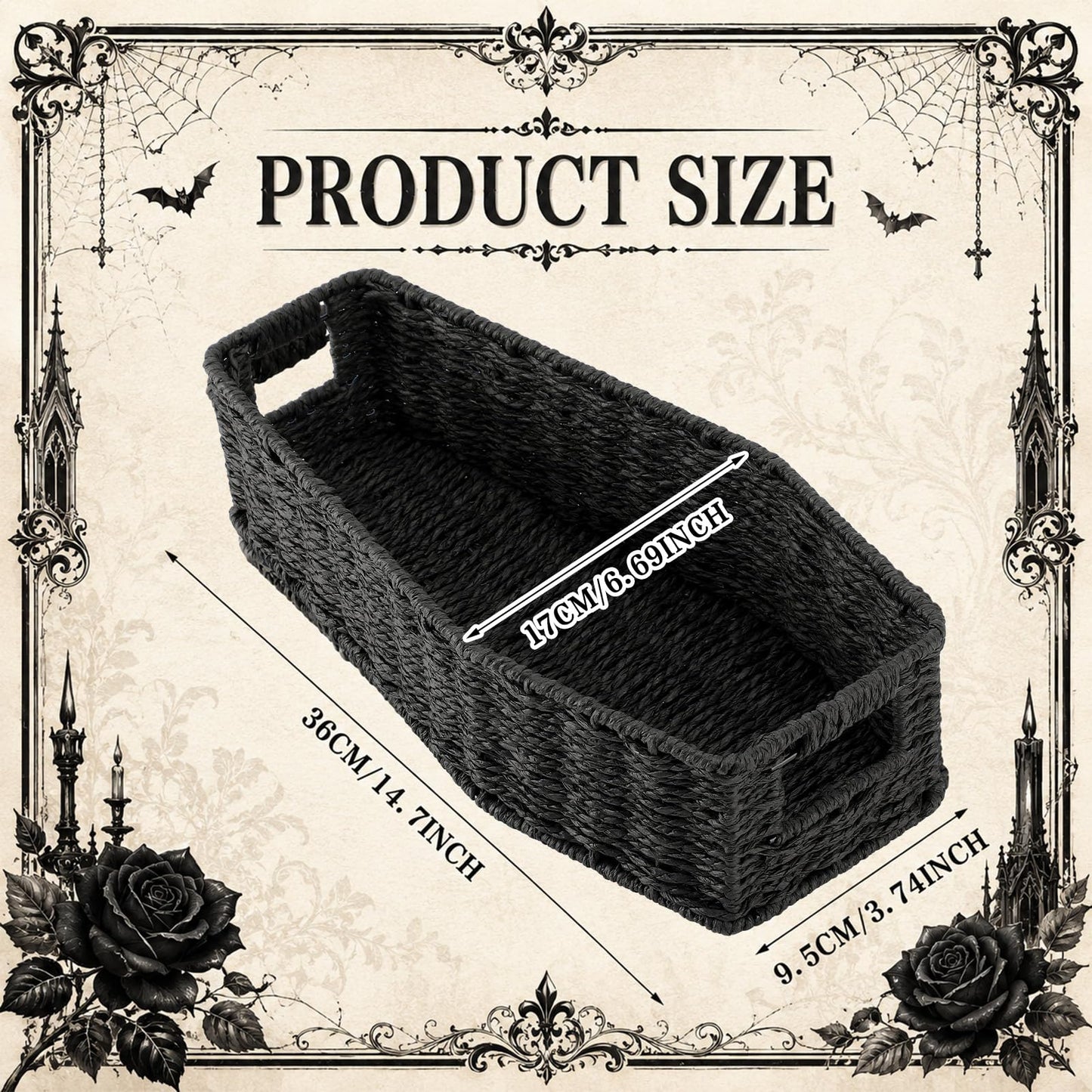 Qinyoung Gothic Storage Basket for Bathroom Rustic Black Woven Paper Rope Organizer Halloween Shape Decorative Tray for Cosmetics Keys Jewelry Gothic Home Decor(Coffin)