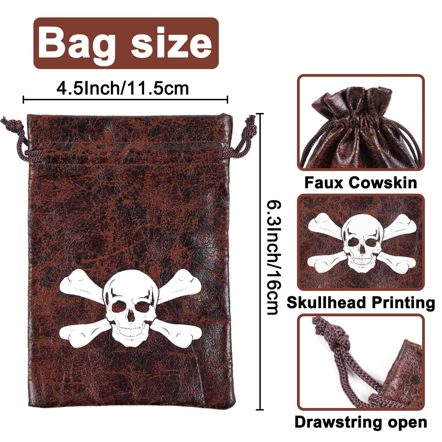 Jopffol 12 Pcs Pirate Loot Bags Goodie Bag with Drawstring,Faux Cow Skin Pirate Treasure Bags for Birthday Party Favors Supplies,Dice Bag Accessories for Party Decorations