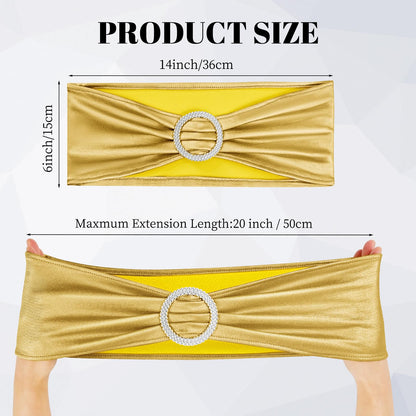 100 PCS Spandex Chair Sashes Bows Premium Stretch Chair Cover Band with Buckle Slider Universal Elastic Chair Ties for Wedding Party Ceremony Events Reception Banquet Decoration (Metallic Gold)