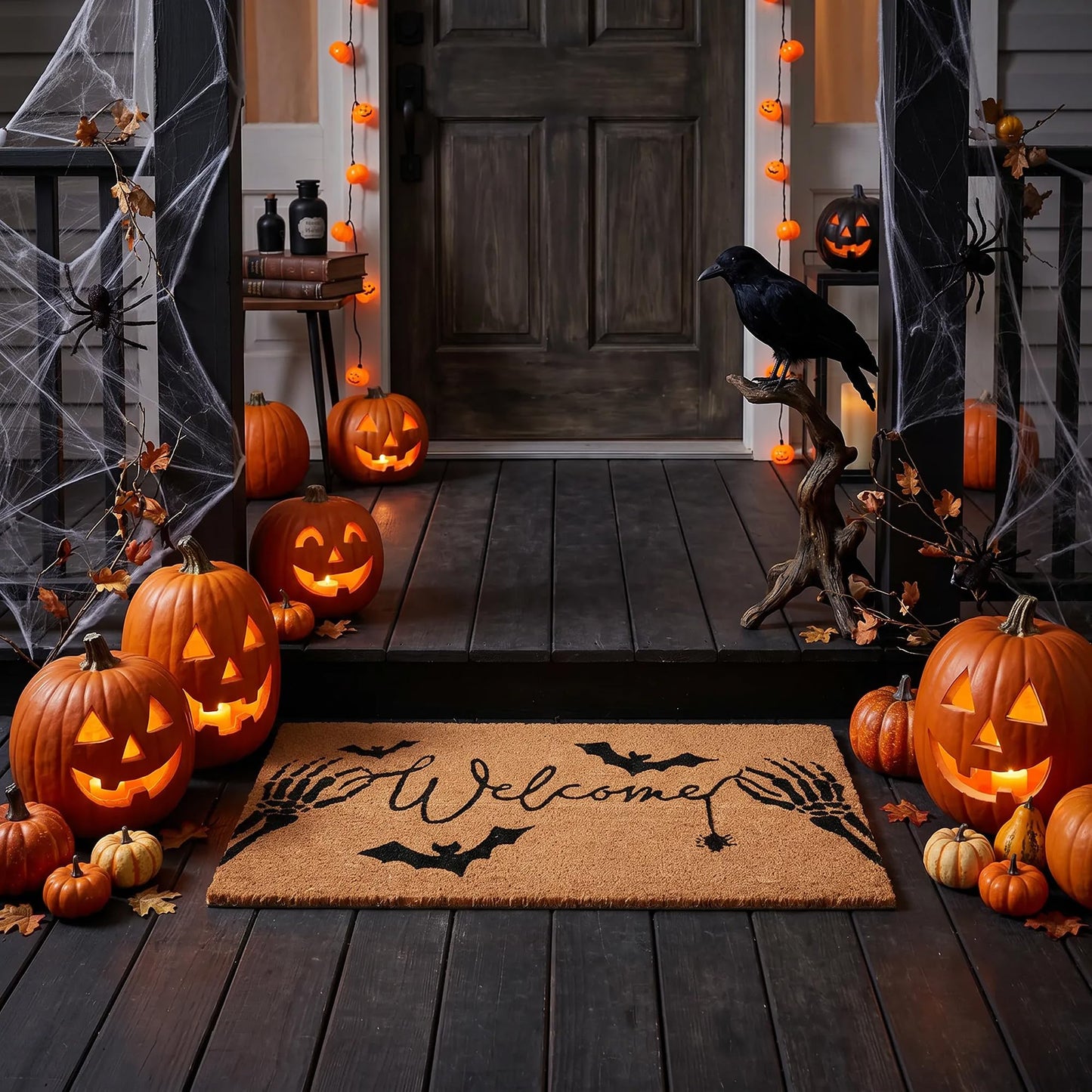 Halloween Welcome Coir Doormat 17"x30", Outdoor Front Door Mat with Bats Skeleton Hands and Spider Design, PVC Non Slip Backing, Fall Halloween Welcome Mat for Front Porch Entryway Decor