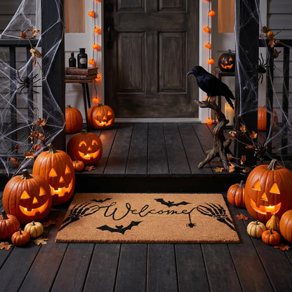 Halloween Welcome Coir Doormat 17"x30", Outdoor Front Door Mat with Bats Skeleton Hands and Spider Design, PVC Non Slip Backing, Fall Halloween Welcome Mat for Front Porch Entryway Decor