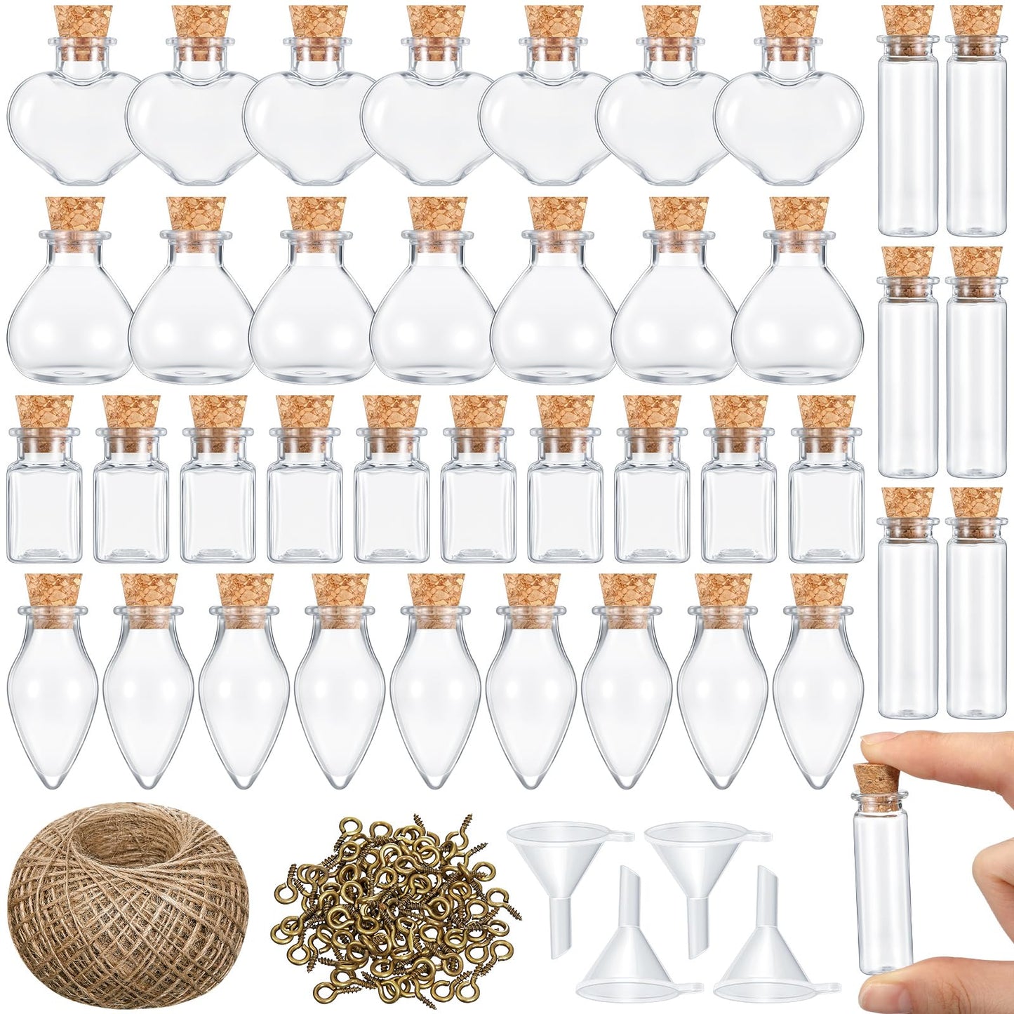 Geiserailie 50 Pieces Small Tiny Plastic Spell Jars Bottle with Cork Stopper Witchy Gifts Witchcraft Supplies Wishing Bottles with Eye Screws Funnel Rope for DIY Crafts(Plastic, Style A)