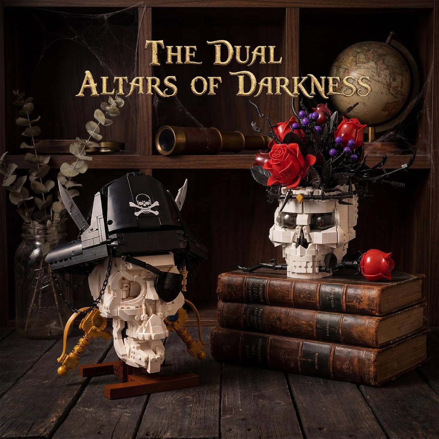 Holexapyd Gothic Pirate Skull Building Set for Adults,Horror Skeleton Head Model with Display Base, Cool Unique Ideal Building Block Sets for Home Table Decor (1167 PCS)