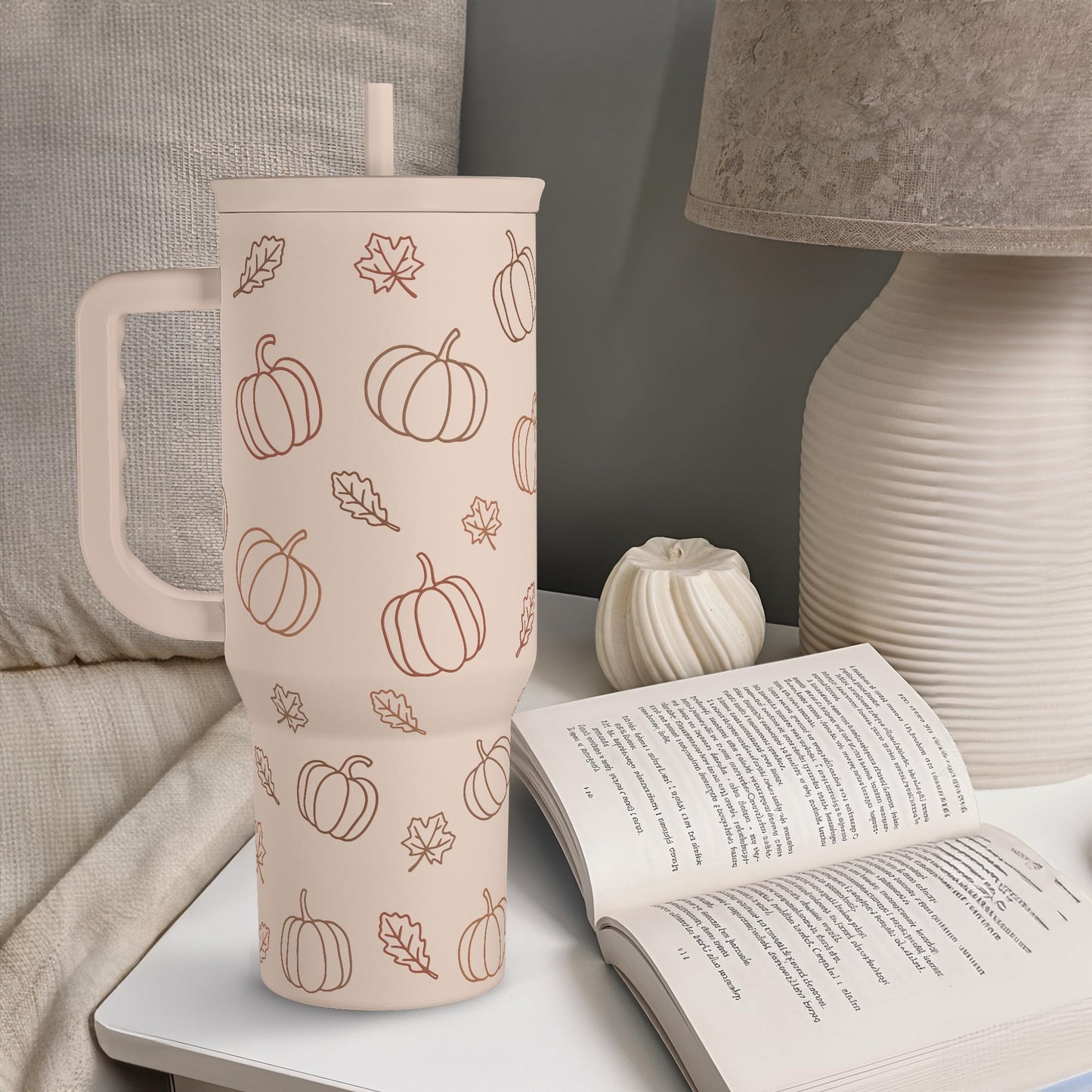 SANDJEST Pumpkin Tumbler with Handle and Straw 40oz – Stainless Sleel Slider Tumbler Travel Coffee Mug for Women - Gift Idea for Fall Autumn Halloween