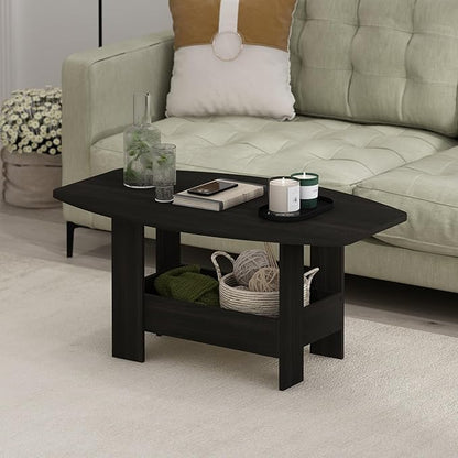 Furinno Simple Design Coffee Table, 2-Tier Modern Center Table with Lower Shelf, Round Corner Side Table, for Living Room, Bedroom, Home Office, Espresso