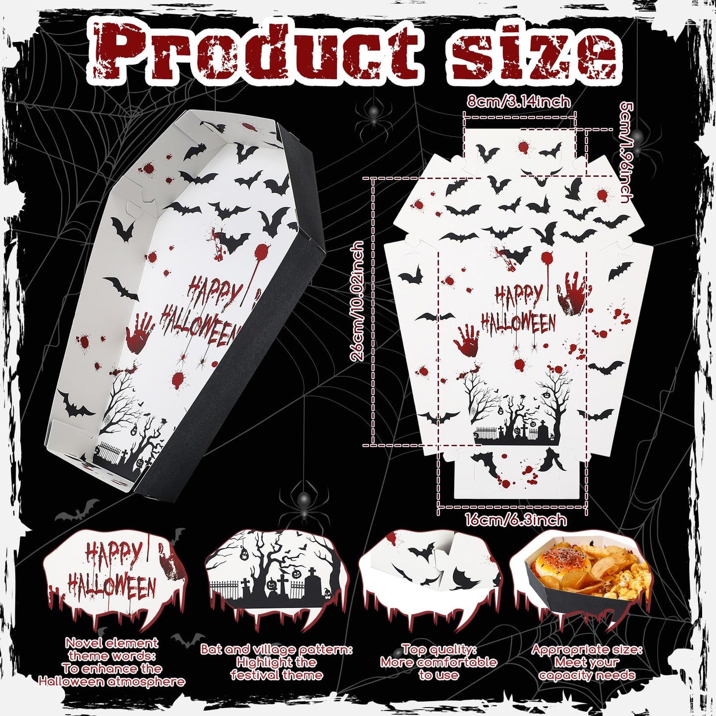Mumufy 36 Pieces Summer Halloween Paper Tray Disposable Coffin Bowl for Treat Candy Snack Spooky Goth Food Holder Trays for Halloween Party Supplies 10.24 x 6.3 x 1.9 Inches