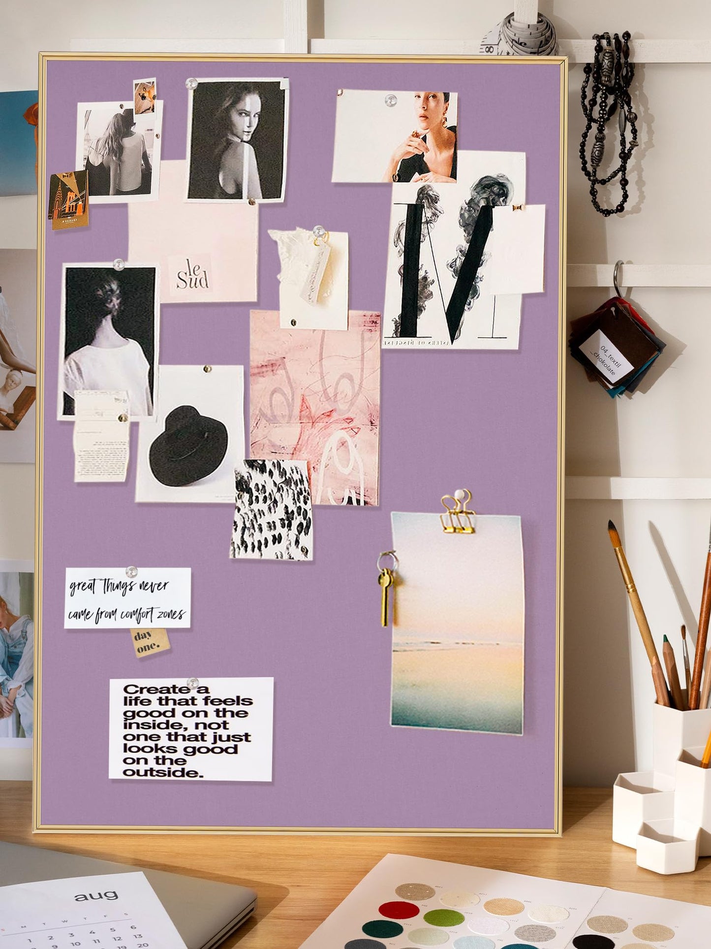 Lightomorrow Bulletin Board 30 x 20 inches, Mystic Violet Pin Board, Golden Aluminum Framed Fabric Cork Board with 10 Push Pins