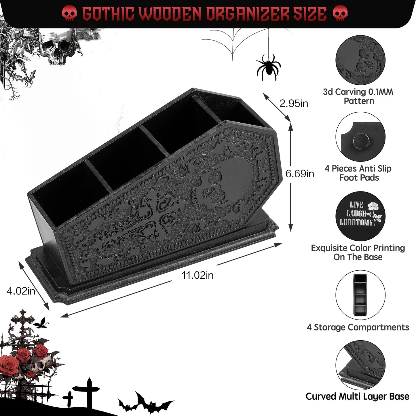 Gothic Coffin Decor Makeup Brush Holder,Spooky Witchy Gifts for Women,Skull Cosmetic Display Cases,Goth Decor Pen Holder, Vanity, Desk, Office Organizer for Christmas Bedroom Bathroom (Black)