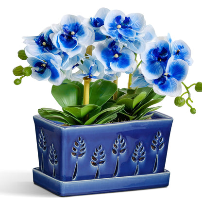 BUYMAX 10 Inch Rectangle Ceramic Orchid Pots with Holes, Heavy Duty Handmade Ceramic Plant Pot with Drainage and Saucer, Accommodate 2 Orchids, Enhance Good Ventilation - Blue