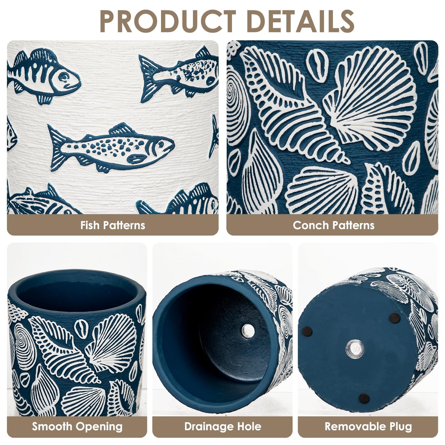 Nature Crafted Ceramic Plant Pots, 5.5 Inch Planter Pot with Drainage Hole, Shell Fish Patterns Ceramic Planters Flower Pot for Indoor Home Succulent Flower Orchid Plants, Set of 2