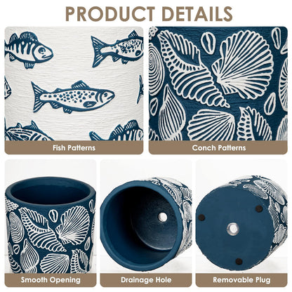 Nature Crafted Ceramic Plant Pots, 5.5 Inch Planter Pot with Drainage Hole, Shell Fish Patterns Ceramic Planters Flower Pot for Indoor Home Succulent Flower Orchid Plants, Set of 2