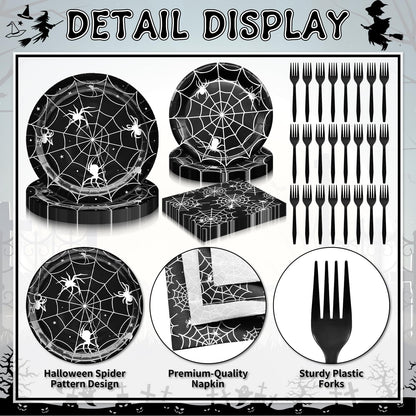 96 Pieces Halloween Spider Web Tableware Set Party Supplies – Disposable Plates, Napkins, and Forks, Black and White Spider Design for Halloween Haunted House Trick or Treat Event, Serves 24 Guests