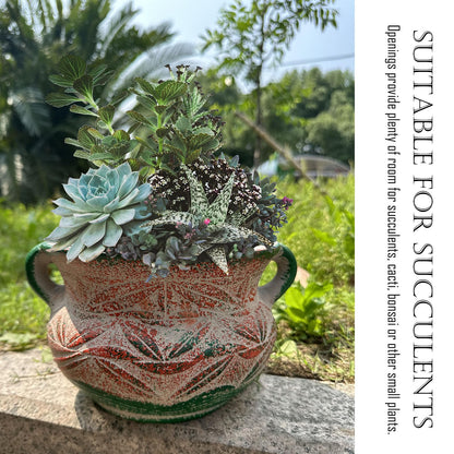 qumHmup Ceramic Succulent Pot with Drainage Hole, Bohemia Rustic Decorative Planter, Set of 2, Indoor Outdoor