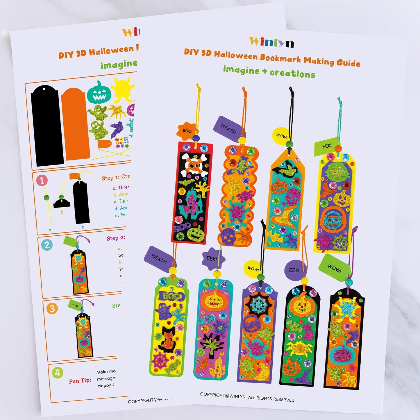 Winlyn 36 Sets Halloween Craft Kits Fall Kids Crafts DIY 3D Halloween Bookmarks Art Sets Monster Jack-O'-Lantern Foam Stickers Arts and Crafts for Kids Classroom Activities Trick-or-Treat Party Favors
