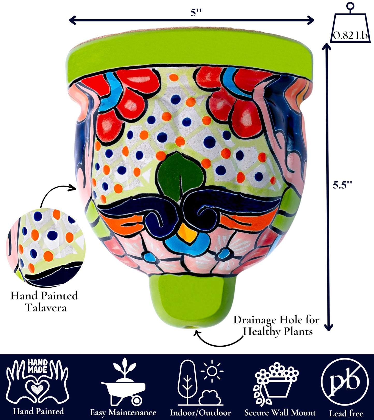 COBAZUL Mexican Pottery Planters - Wall Talavera Planter - Mexican Yard Pottery - Talavera Pots for Plants Indoor & Outdoor – 5" W x 5.5" H (Green-Small)