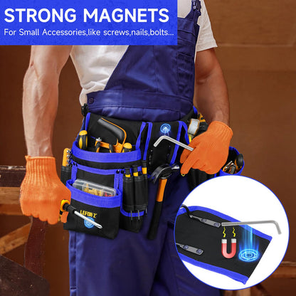 Tool Belt,Magnetic Tool Pouch,27-Pockets Heavy Duty Tool Belts for Men,Detachable Tool Pouch Bag for Electrician,Carpenter,Construction,Work Apron,Utility Belt,Valentines Day Gifts for Men,Black,Blue