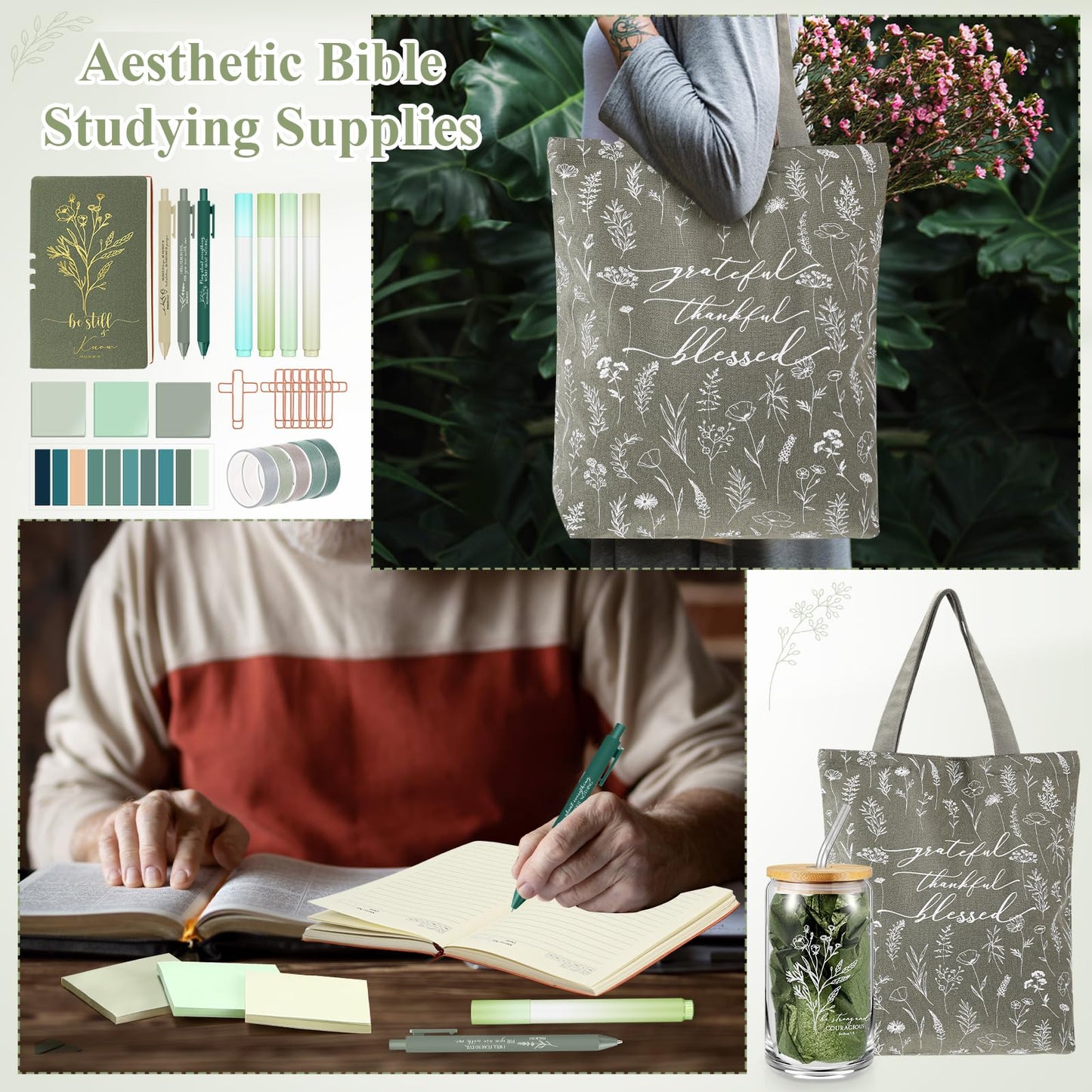 Singhoow 29 Pcs Bible Journaling Supplies Kit 16 oz Glass Cup Canvas Bag Leather Notebook Highlighters Pens Sticky Note Tapes Bible Study Supplies for Women Sunday School Teacher(Green, Boho)