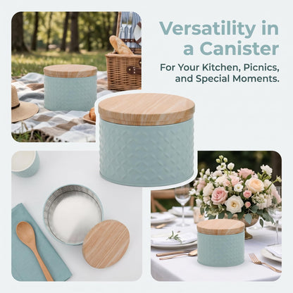 Lurrose Small Round Cookie Tins with Wood Lids Airtight, 6"D x 8"H Metal Cookie Jar, Small Empty Biscuit Tin Tinplate, Foods Storage Container Tin for Candy Cookies, Tea Canister(Blue)