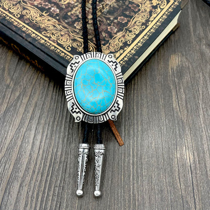 YOQUCOL Blue Turquoise Stone Bolo Tie Native Western Cowboy Indian Hand-woven Leather Bola Tie Necktie for Men Women